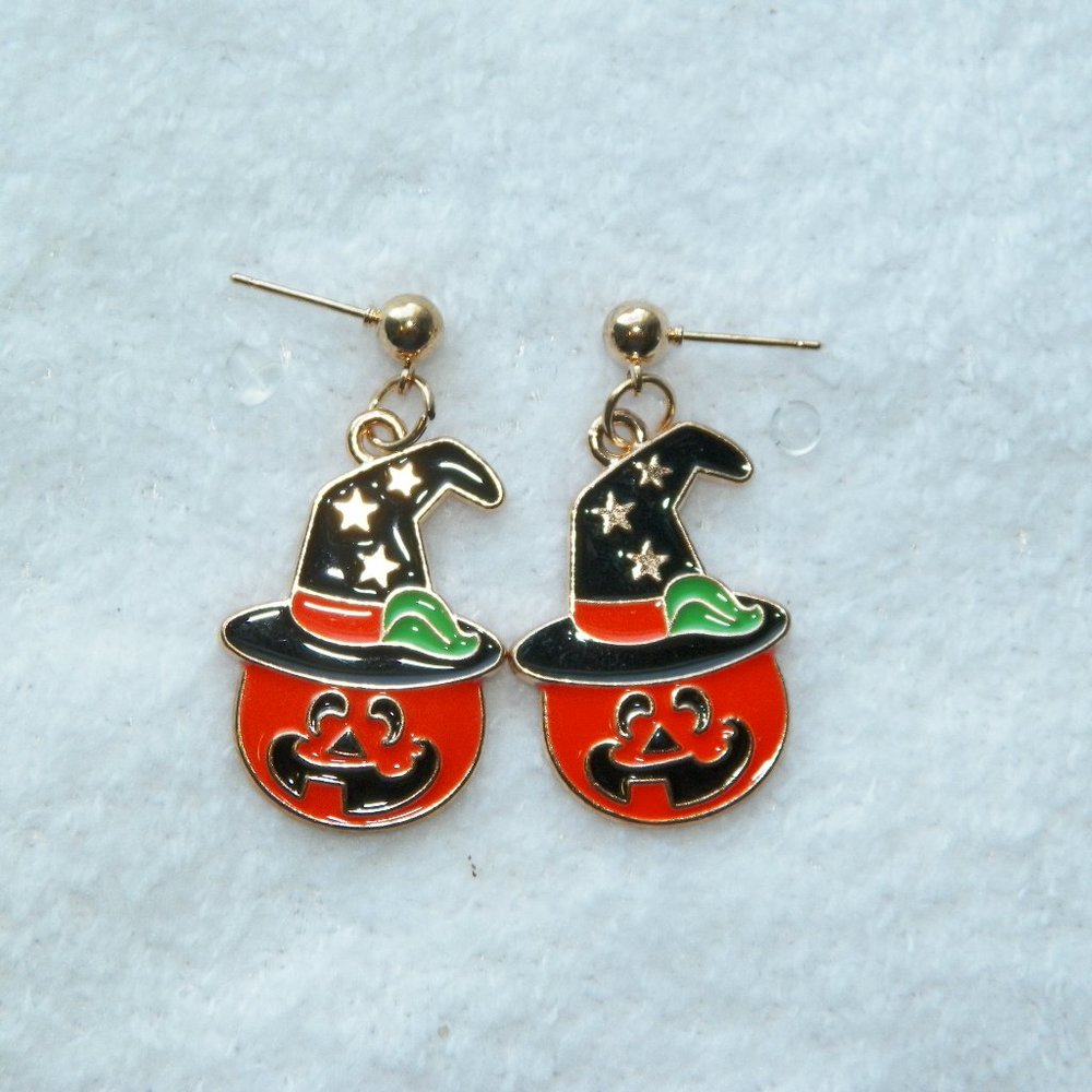 Halloween Earrings Gold Jack O'Lantern Pumpkin